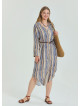 Patterned Shirt Collar Belt Detailed Beige Long Sleeve Plus Size Dress 4611